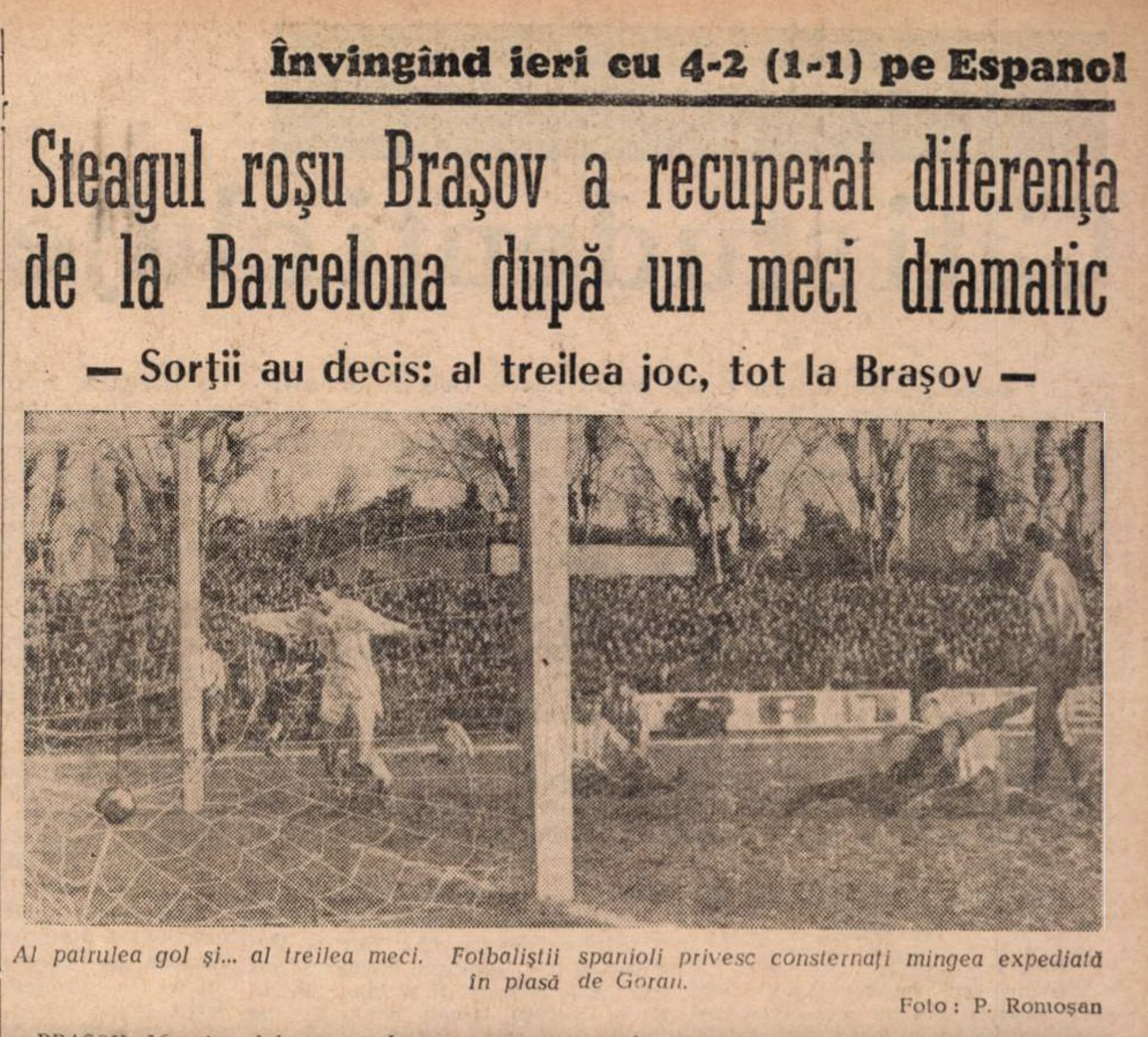 Historical newspaper report of Steagul Roșu Brașov’s 4–2 win over Espanyol