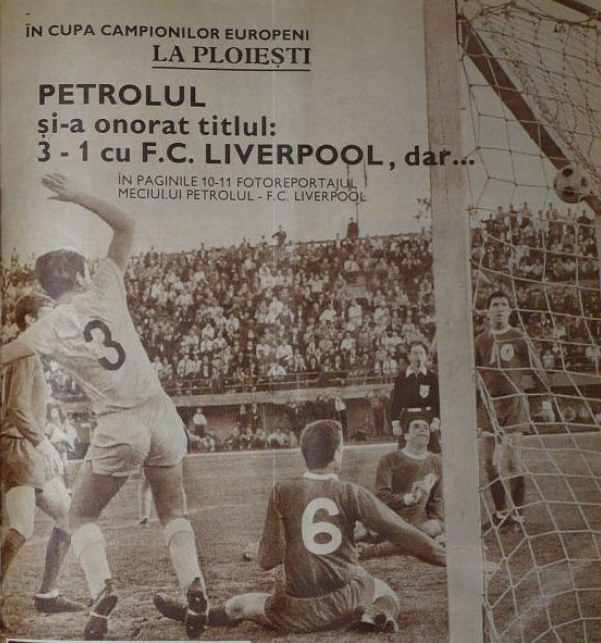 Newspaper cover reporting Petrolul’s 3–1 win against Liverpool in Ploiești
