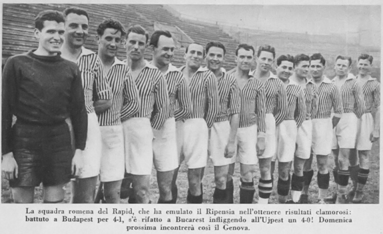 Historic newspaper photograph of the Rapid București team before their 1938 match with Genoa